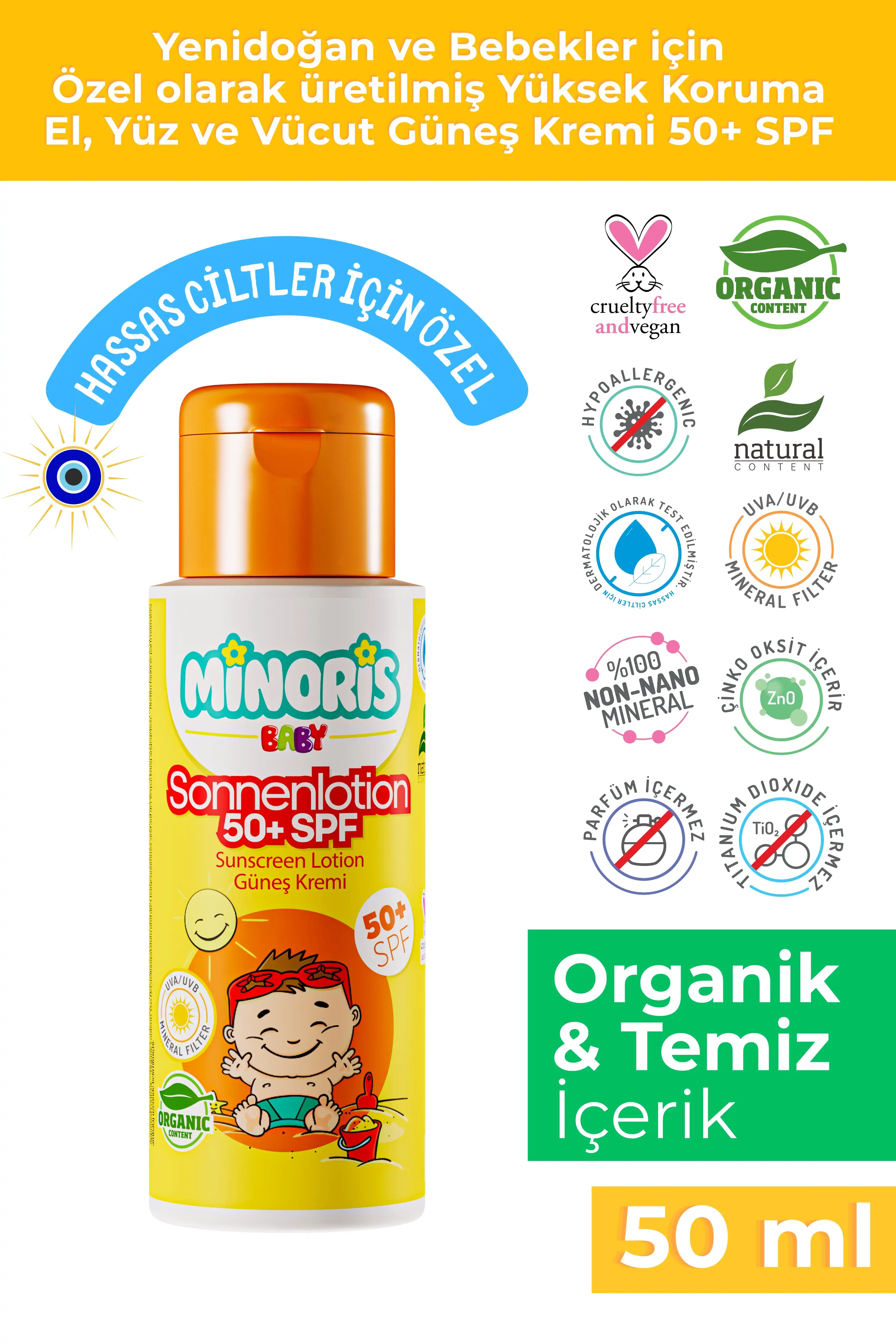 Minoris Baby Organik Bebek Güneş Kremi SPF50+ 50 ml