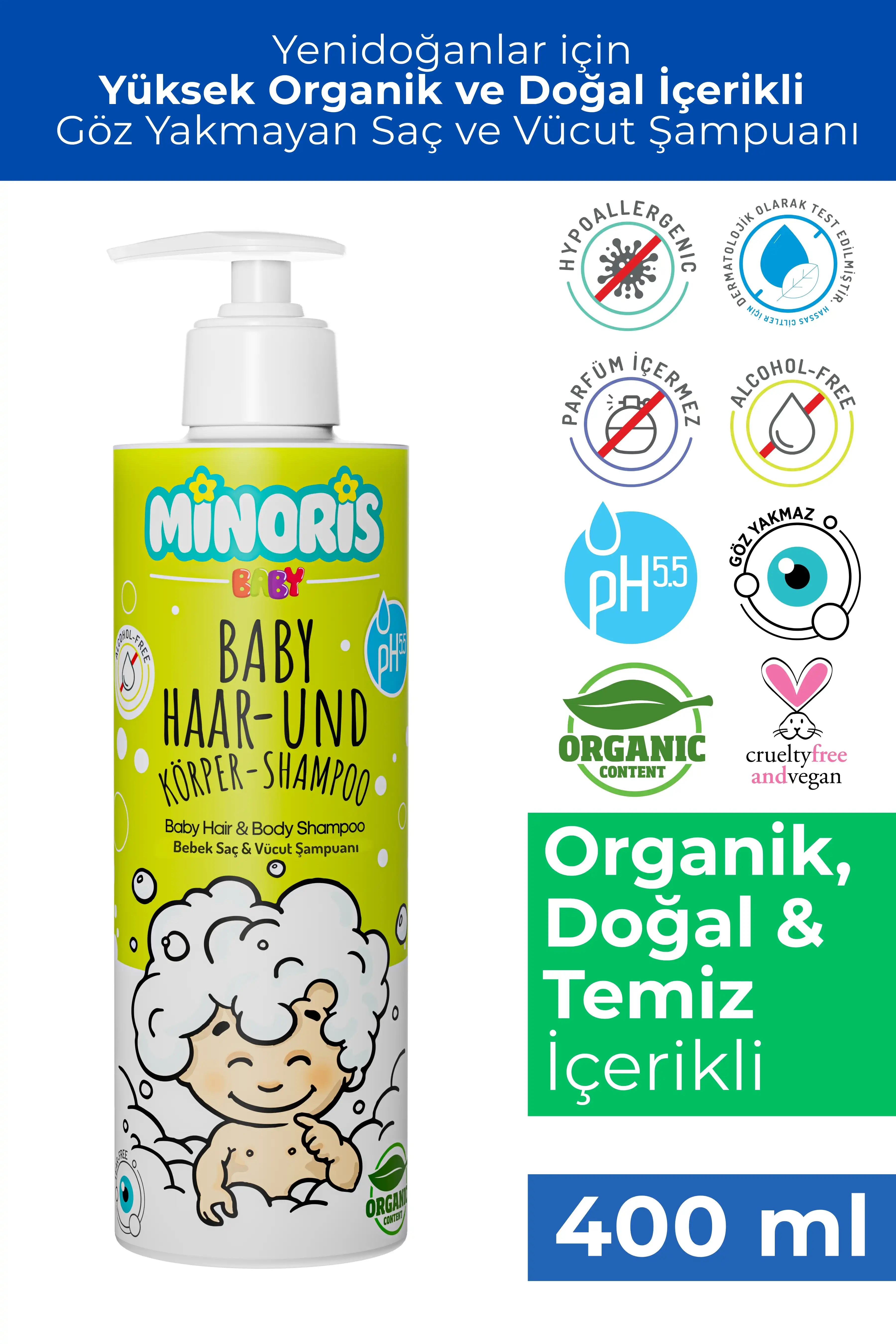 Minoris Baby Organik Bebek Saç ve Vücut Şampuanı 400 ml