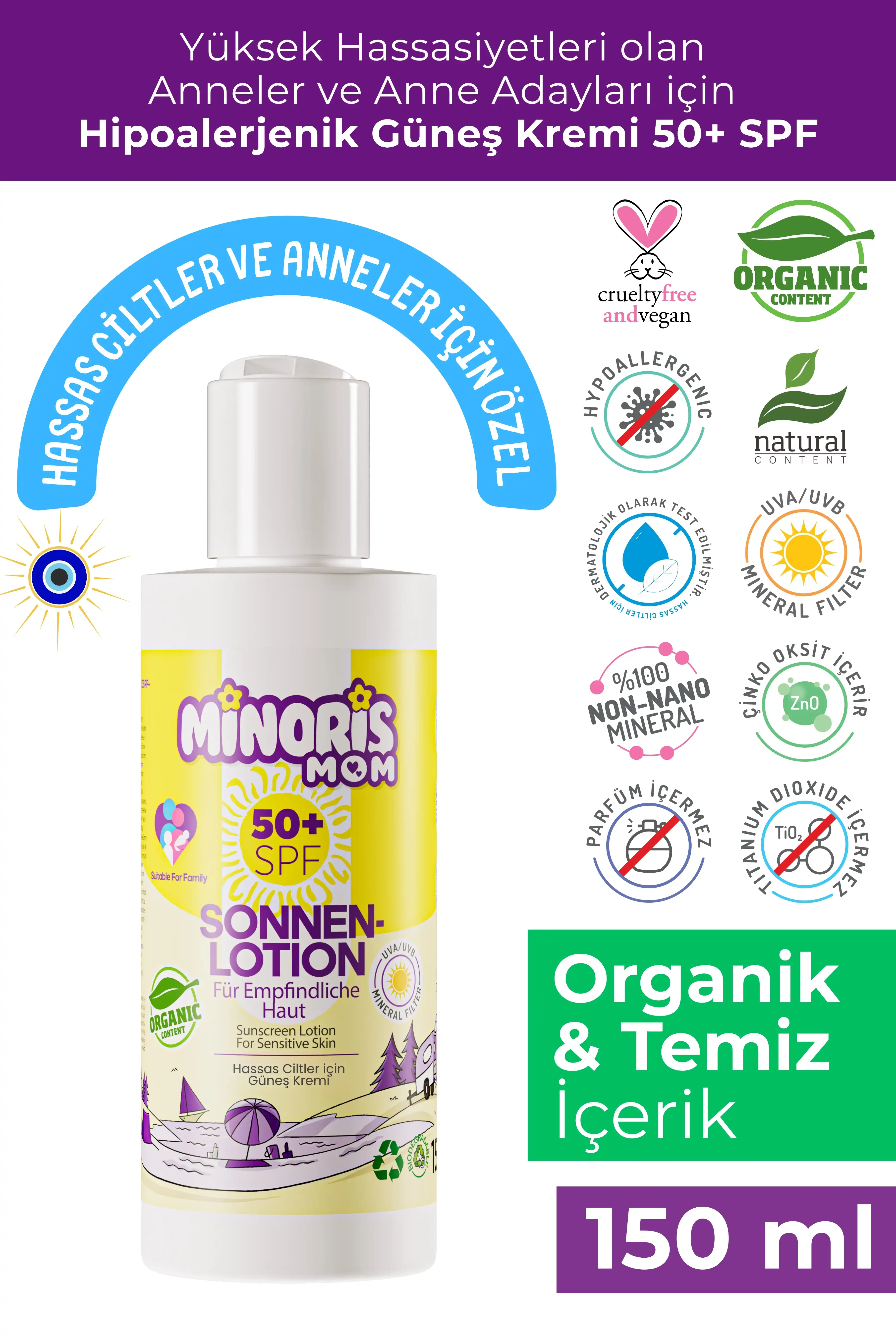 Minoris Mom Organik Hassas Ciltler İçin Güneş Kremi SPF50 150 ml