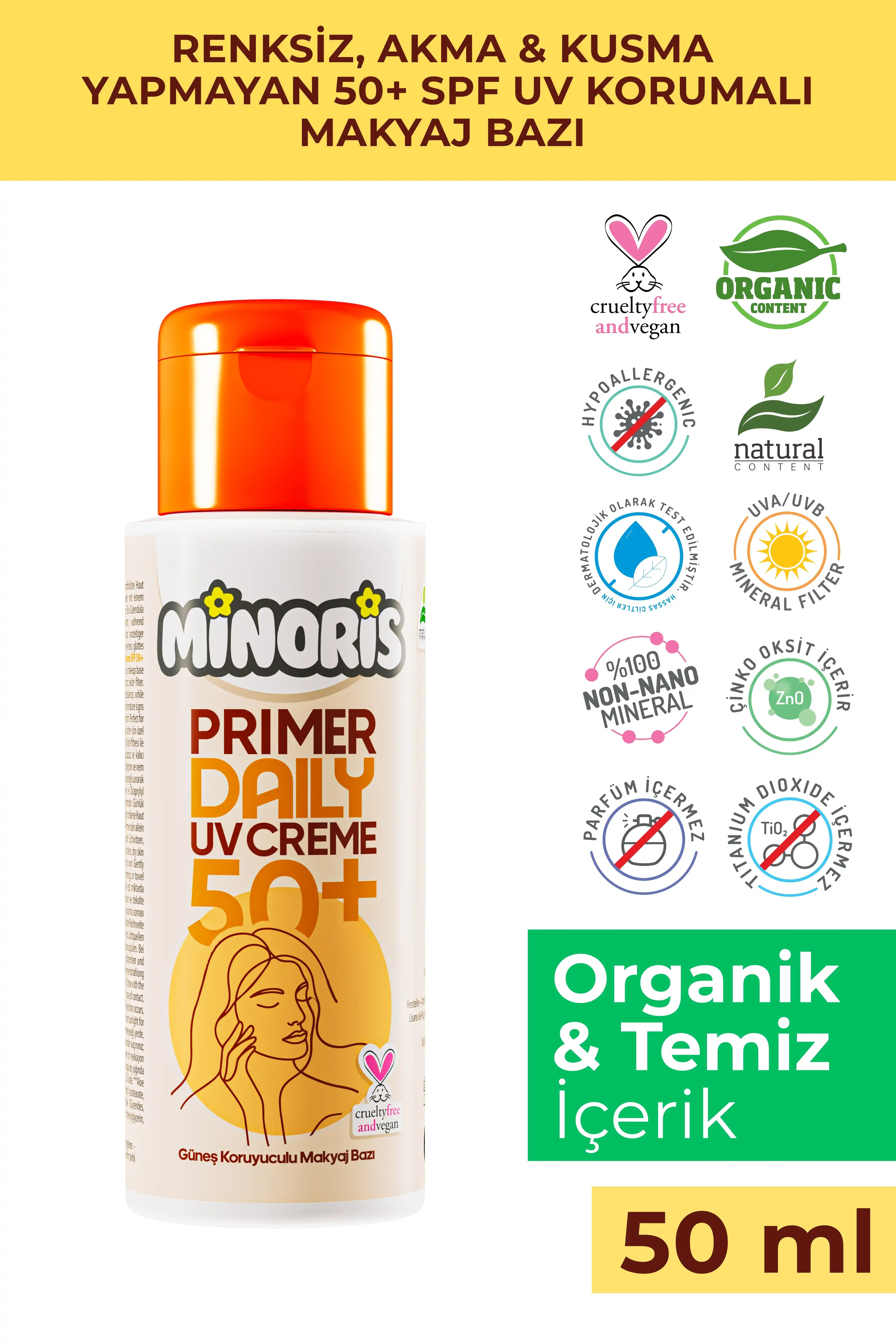 Minoris Primer Daily Organik Güneş Koruyuculu Makyaj Bazı SPF50+ PA++++ 50 ml